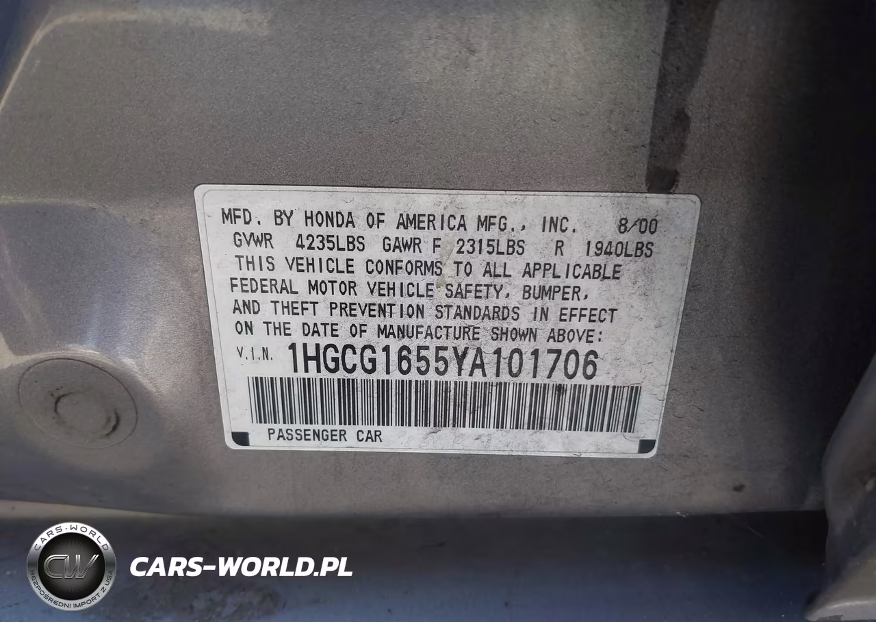 2000 Honda Accord 3.0 Ex VIN:1HGCG1655YA101706 - 9