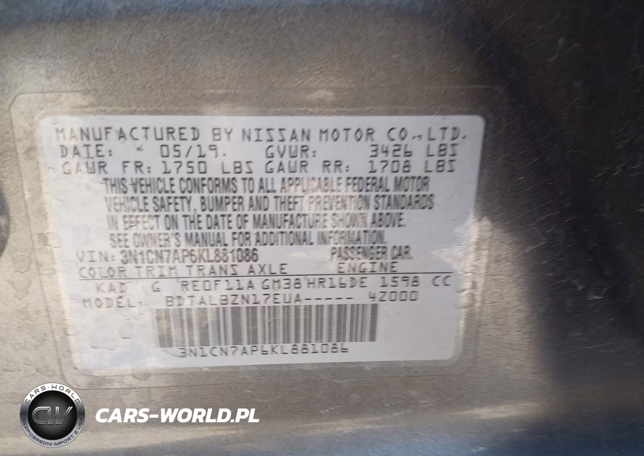 2019 Nissan Versa 1.6 Sv VIN:3N1CN7AP6KL881086 - 9