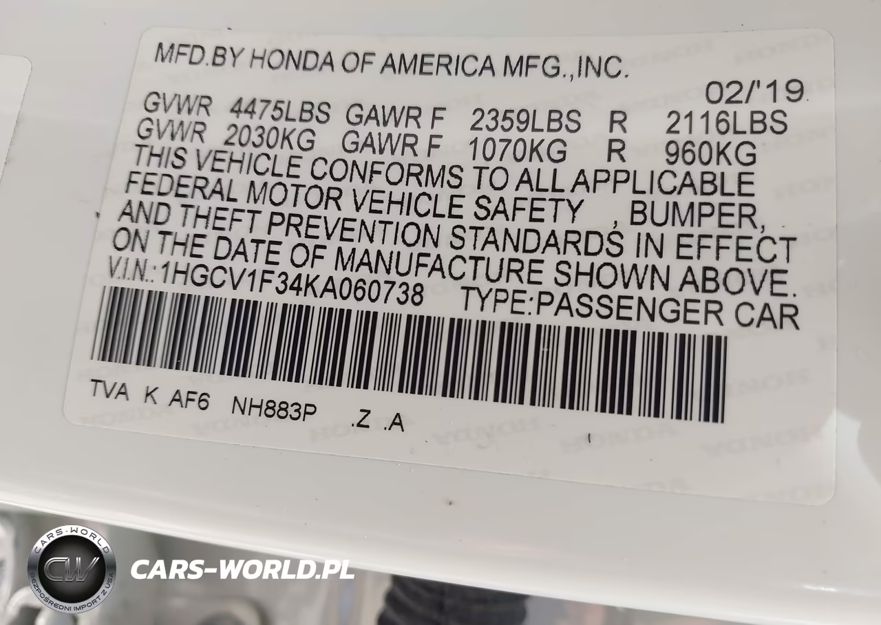 2019 Honda Accord Sport VIN:1HGCV1F34KA060738 - 9