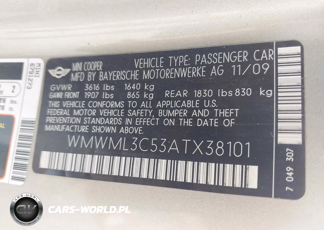 MINI COOPER CLU VIN:WMWML3C53ATX38101 - 9