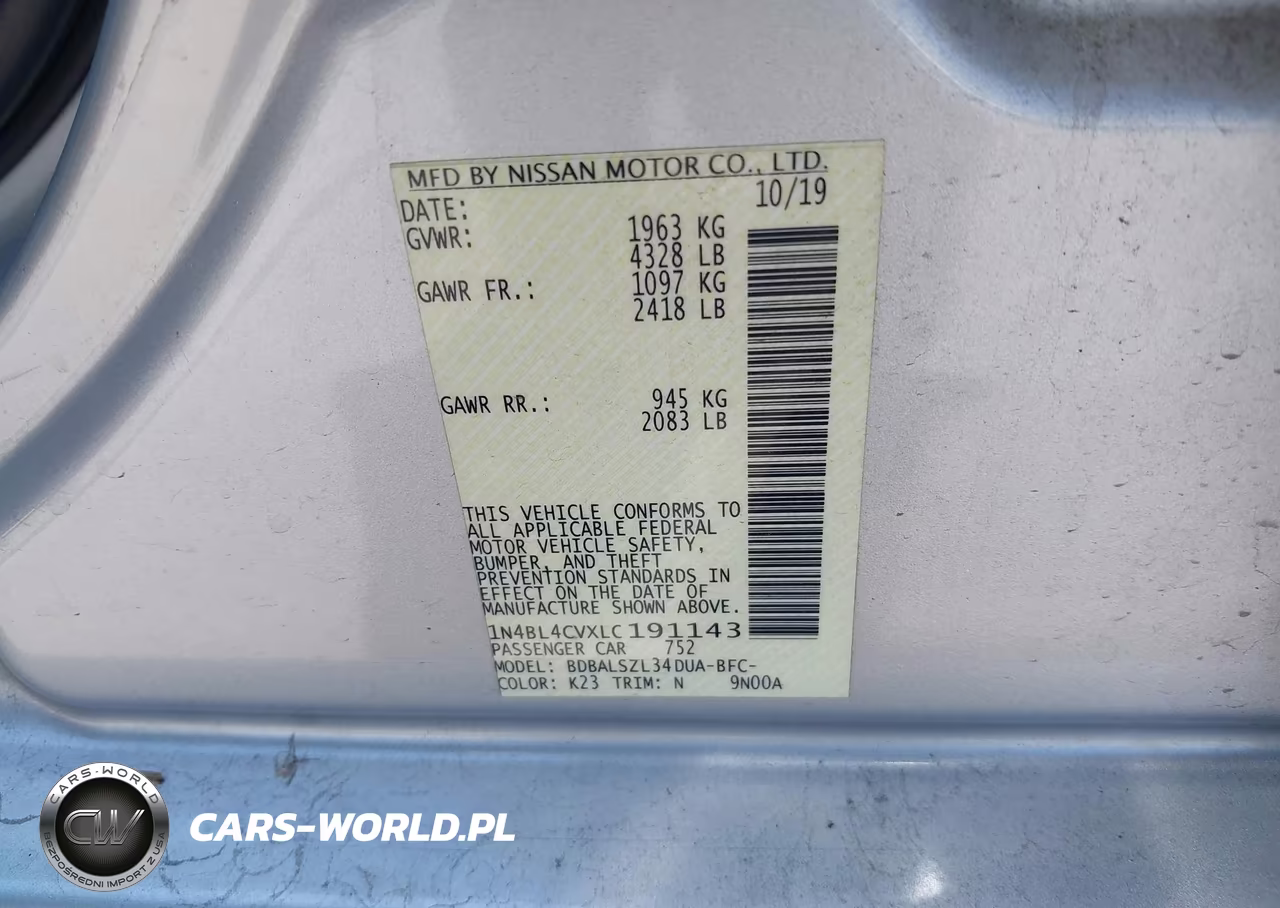 2020 Nissan Altima Sr Fwd VIN:1N4BL4CVXLC191143 - 9