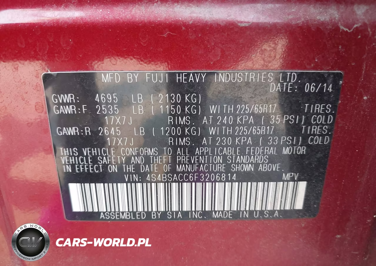 2015 Subaru Outback 2.5I Premium VIN:4S4BSACC6F3206814 - 9