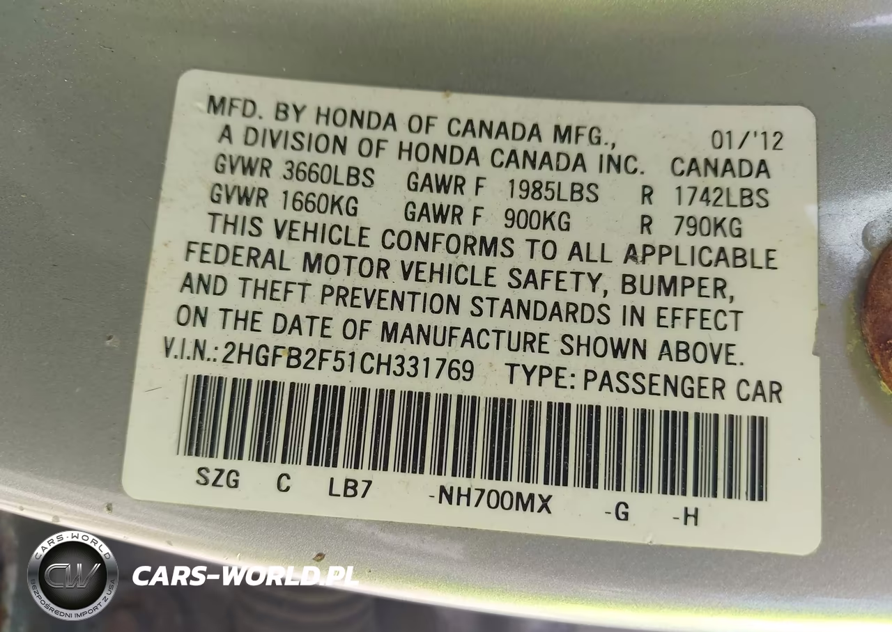 2012 Honda Civic Lx VIN:2HGFB2F51CH331769 - 9