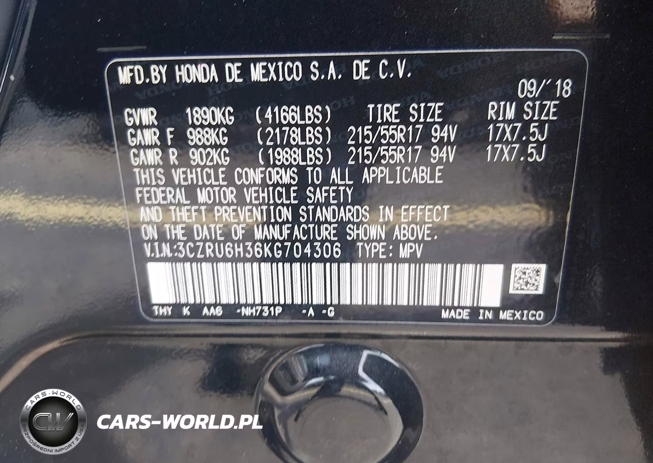 2019 Honda Hr-V Lx VIN:3CZRU6H36KG704306 - 9
