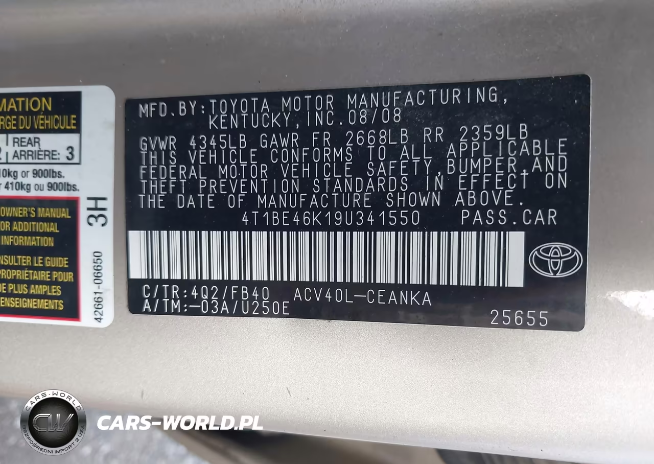 2009 Toyota Camry Le VIN:4T1BE46K19U341550 - 9