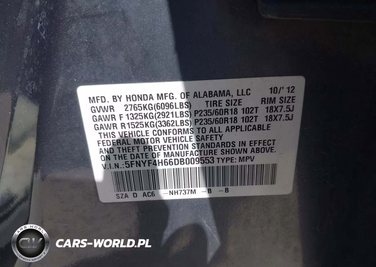 2013 Honda Pilot Ex-L VIN:5FNYF4H66DB009553 - 9