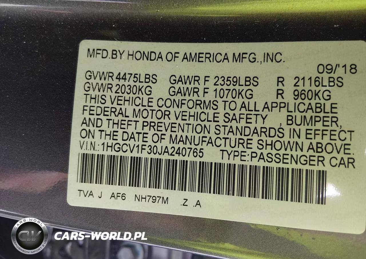 2018 Honda Accord Sport VIN:1HGCV1F30JA240765 - 9