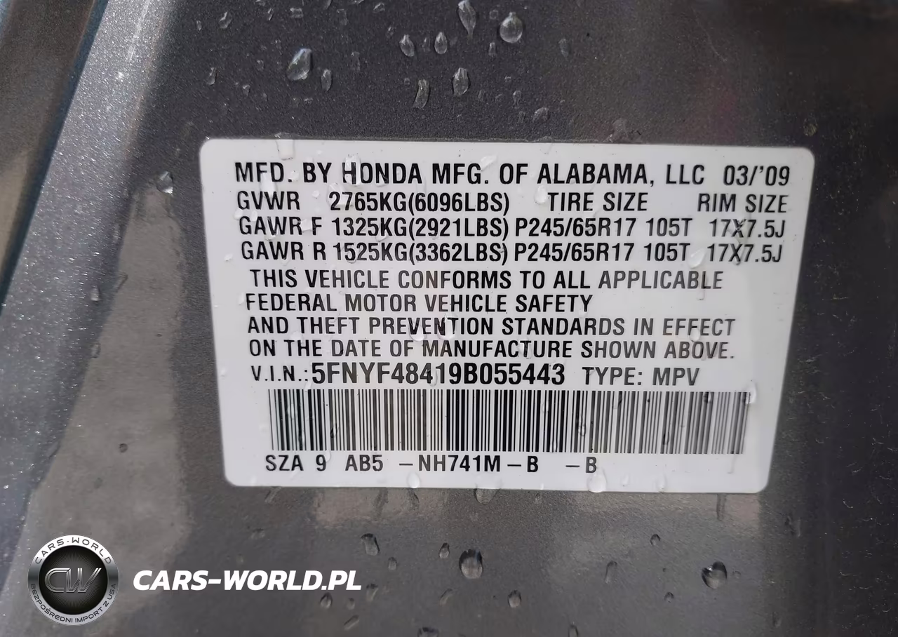 2009 Honda Pilot Ex VIN:5FNYF48419B055443 - 9
