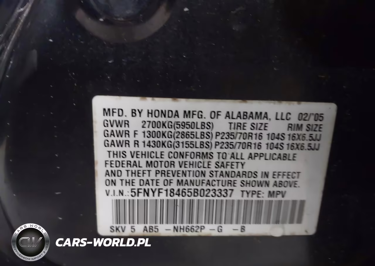 2005 Honda Pilot Ex VIN:5FNYF18465B023337 - 9