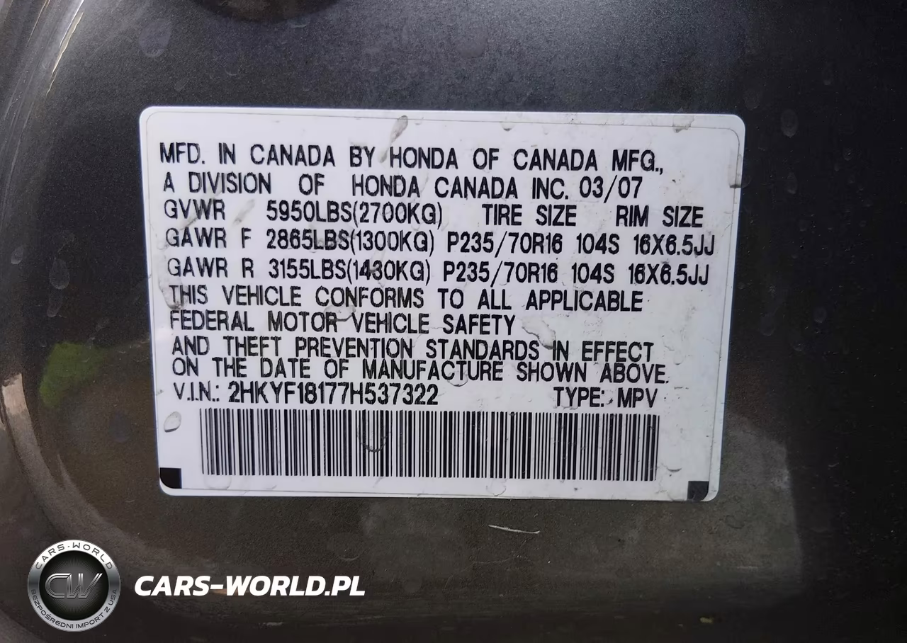 2007 Honda Pilot Lx VIN:2HKYF18177H537322 - 9