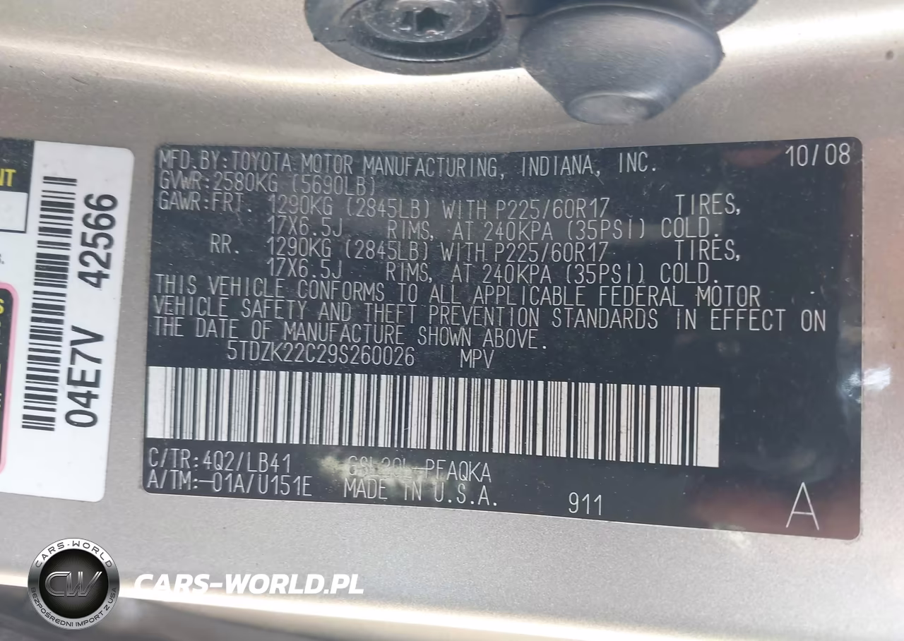 2009 Toyota Sienna Xle VIN:5TDZK22C29S260026 - 9