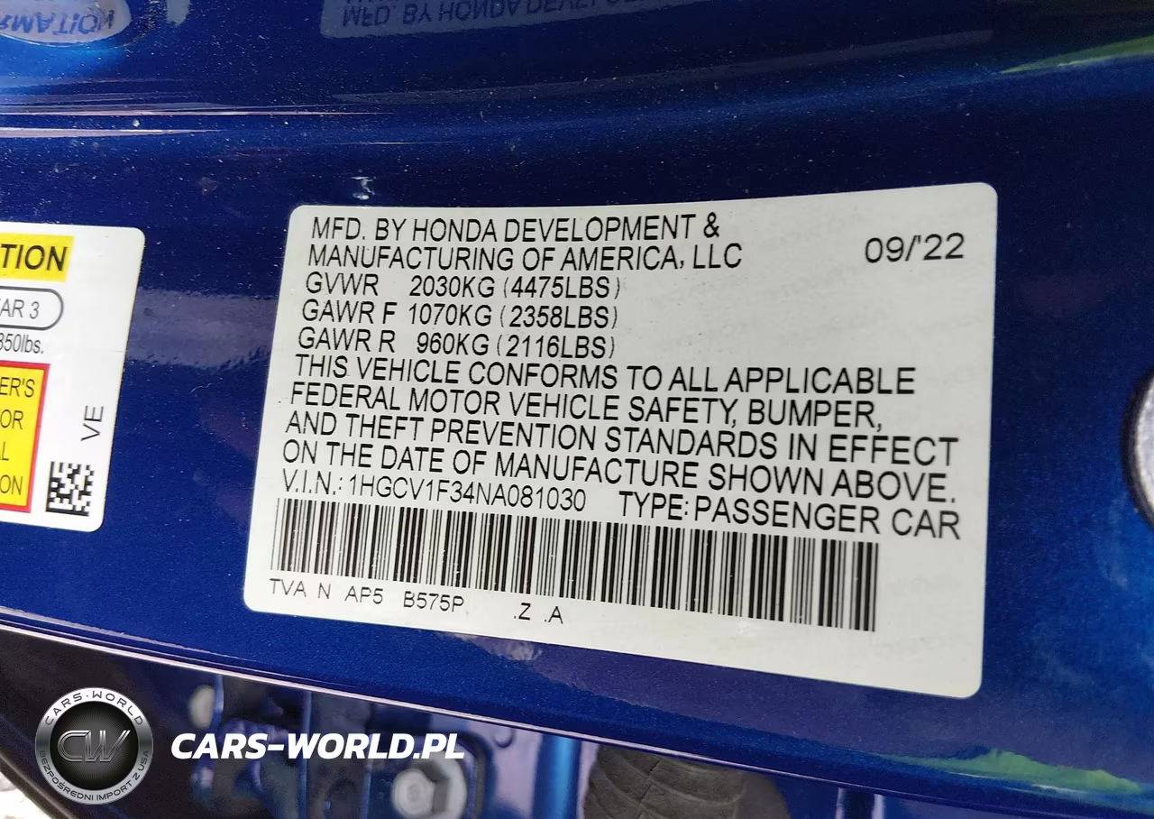 2022 Honda Accord Sport VIN:1HGCV1F34NA081030 - 9