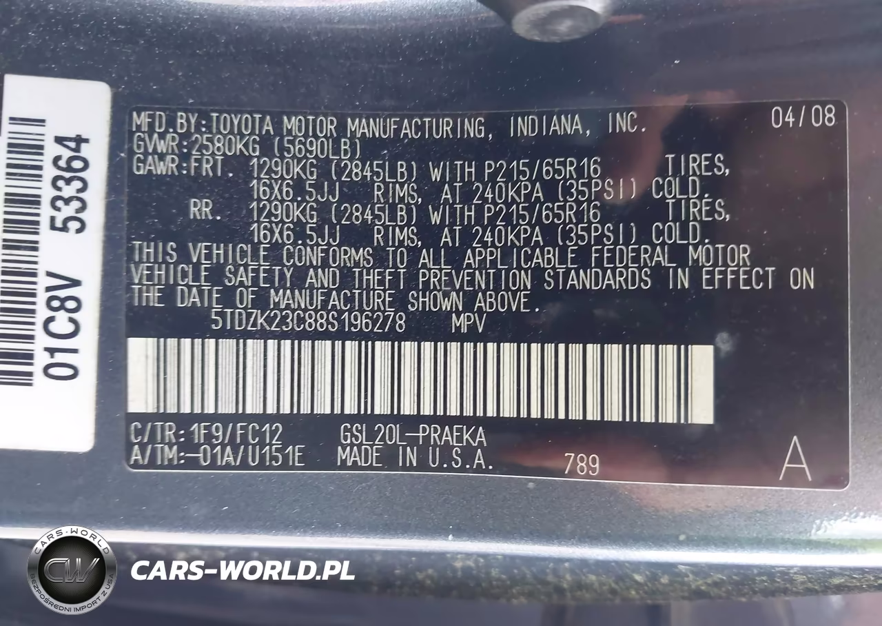 2008 Toyota Sienna Le VIN:5TDZK23C88S196278 - 9