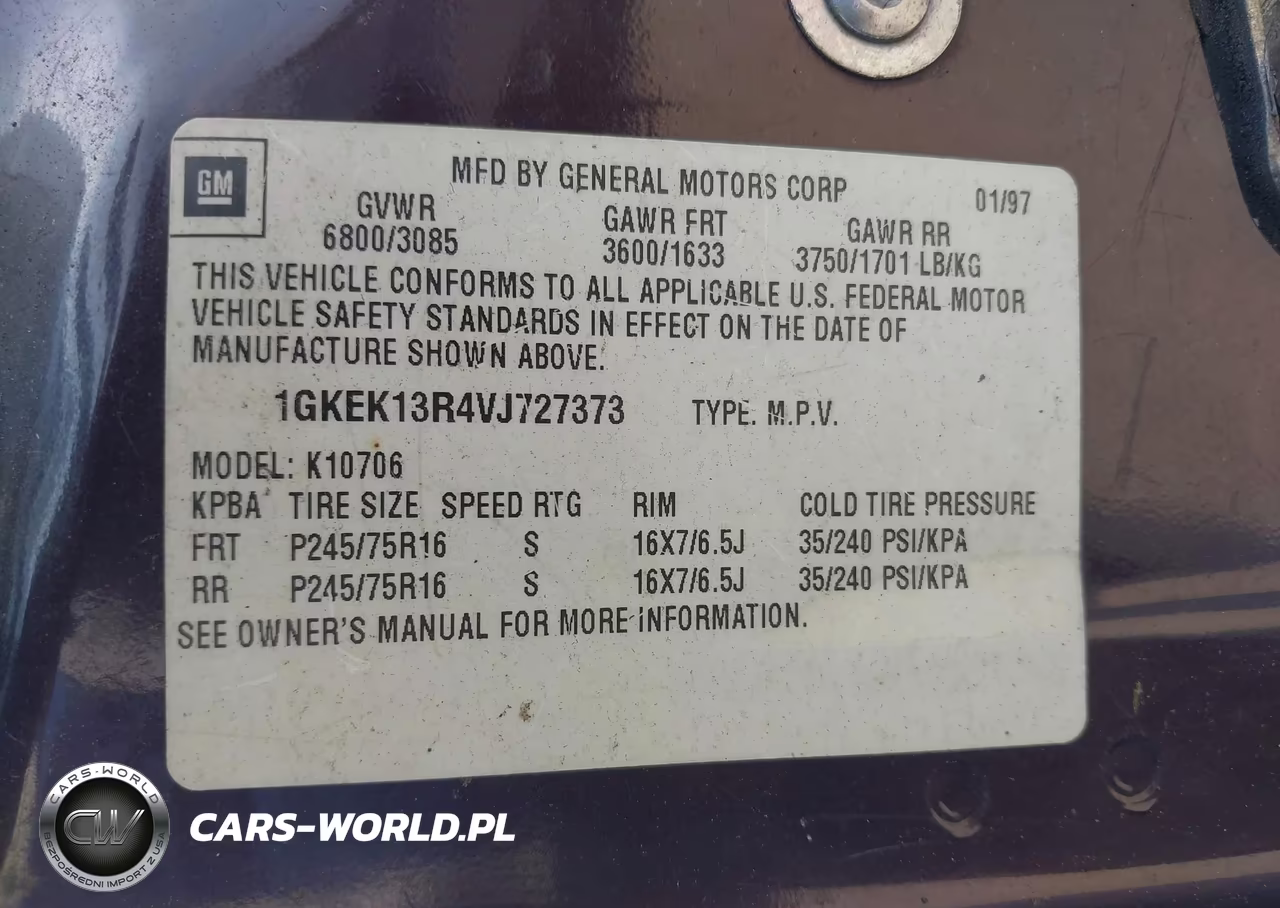 1997 GMC Yukon Slt Cmi VIN:1GKEK13R4VJ727373 - 9