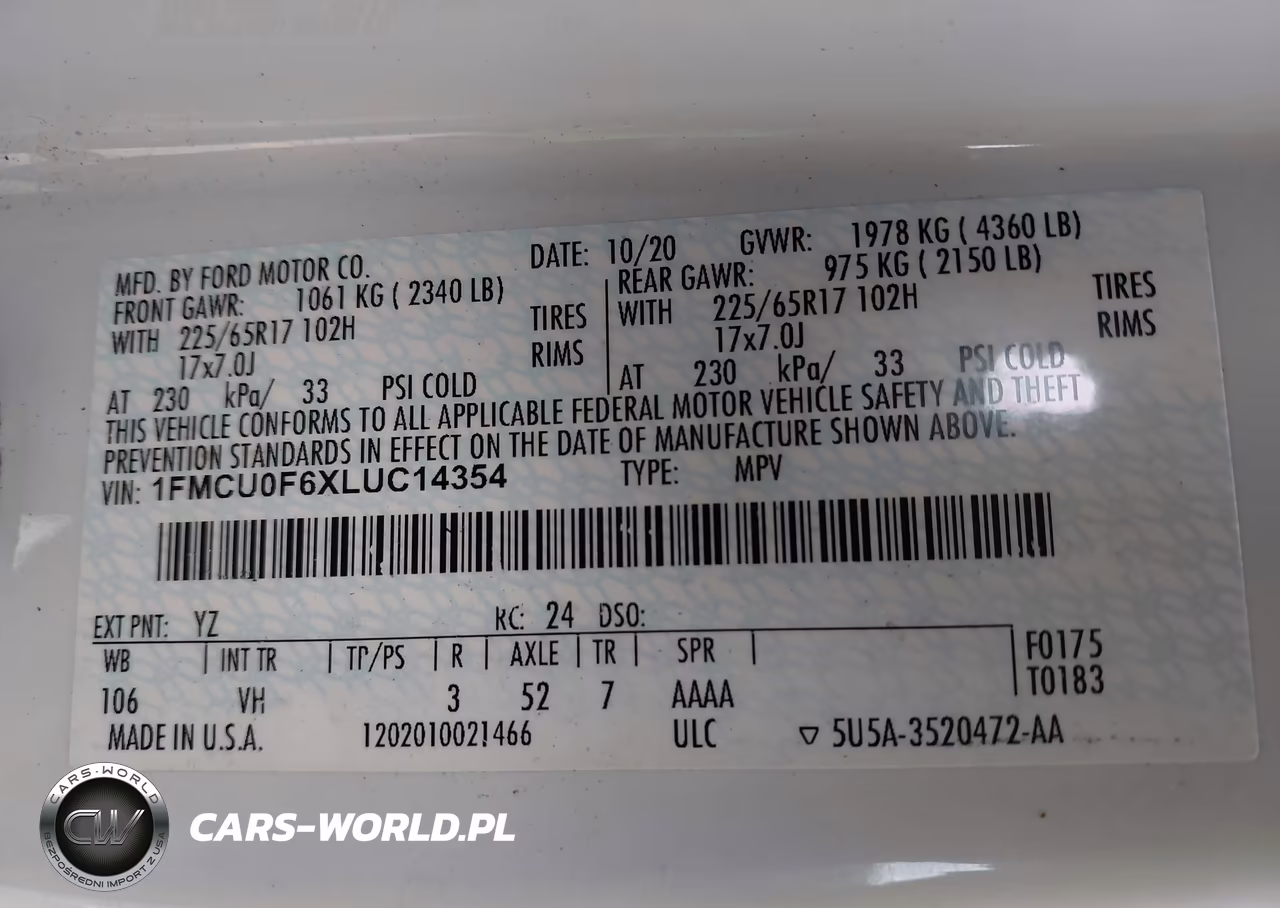 2020 Ford Escape S VIN:1FMCU0F6XLUC14354 - 9