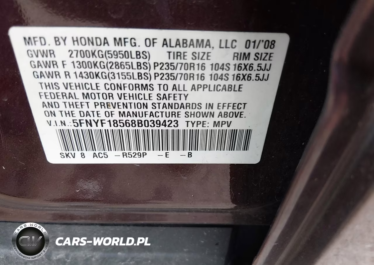 2008 Honda Pilot Ex-L VIN:5FNYF18568B039423 - 9