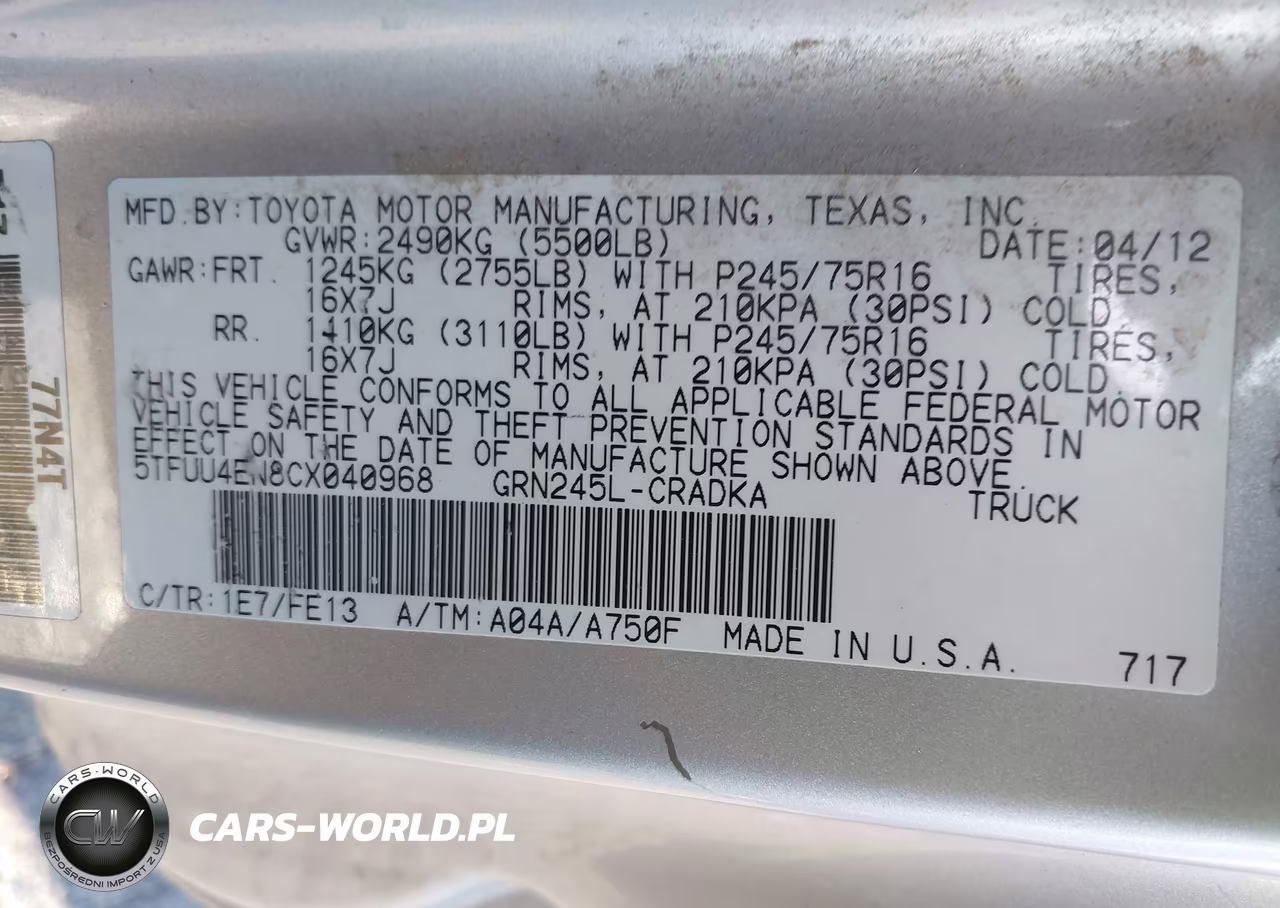 2012 Toyota Tacoma Base V6 VIN:5TFUU4EN8CX040968 - 9