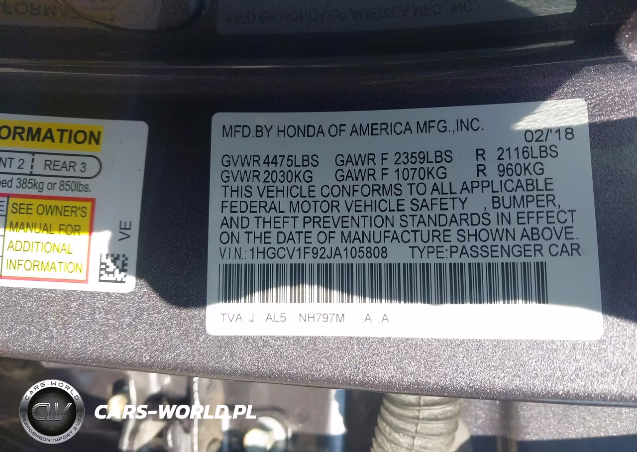 2018 Honda Accord Touring VIN:1HGCV1F92JA105808 - 9