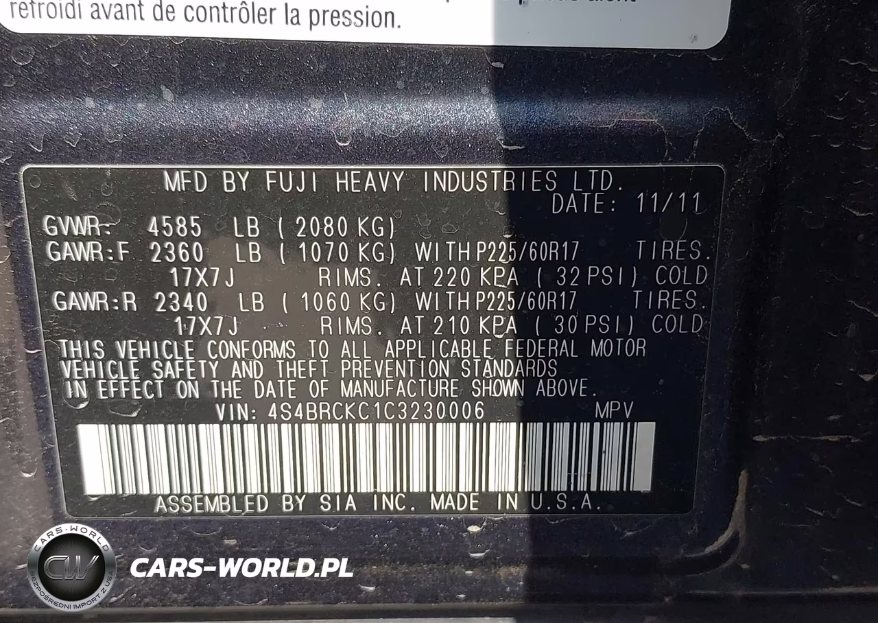 2012 Subaru Outback 2.5I Limited VIN:4S4BRCKC1C3230006 - 9
