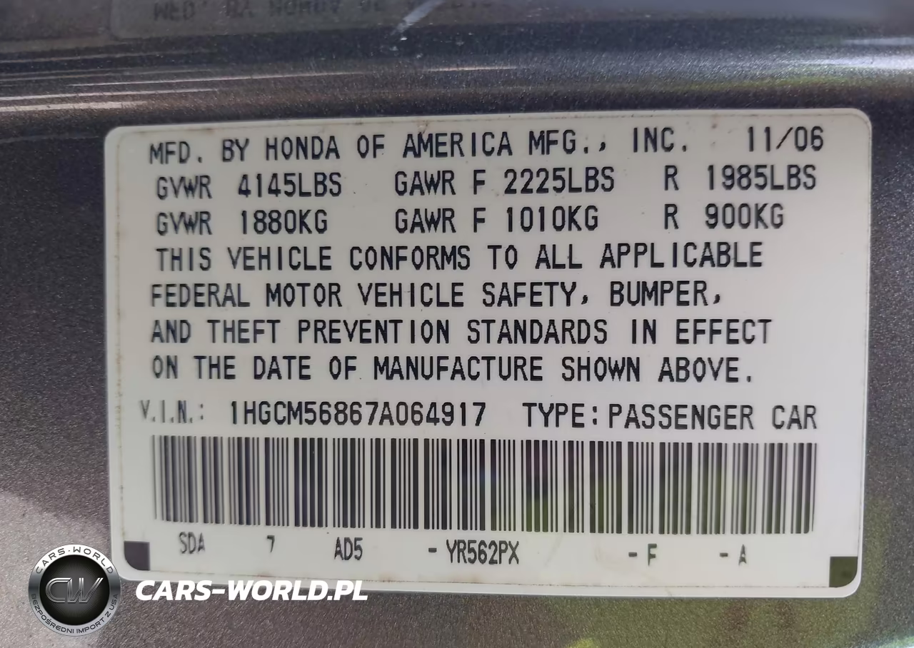 2007 Honda Accord 2.4 Ex VIN:1HGCM56867A064917 - 9