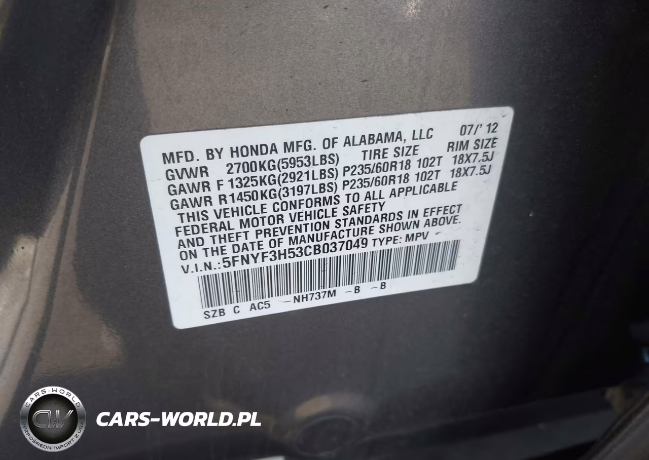 2012 Honda Pilot Ex-L VIN:5FNYF3H53CB037049 - 9