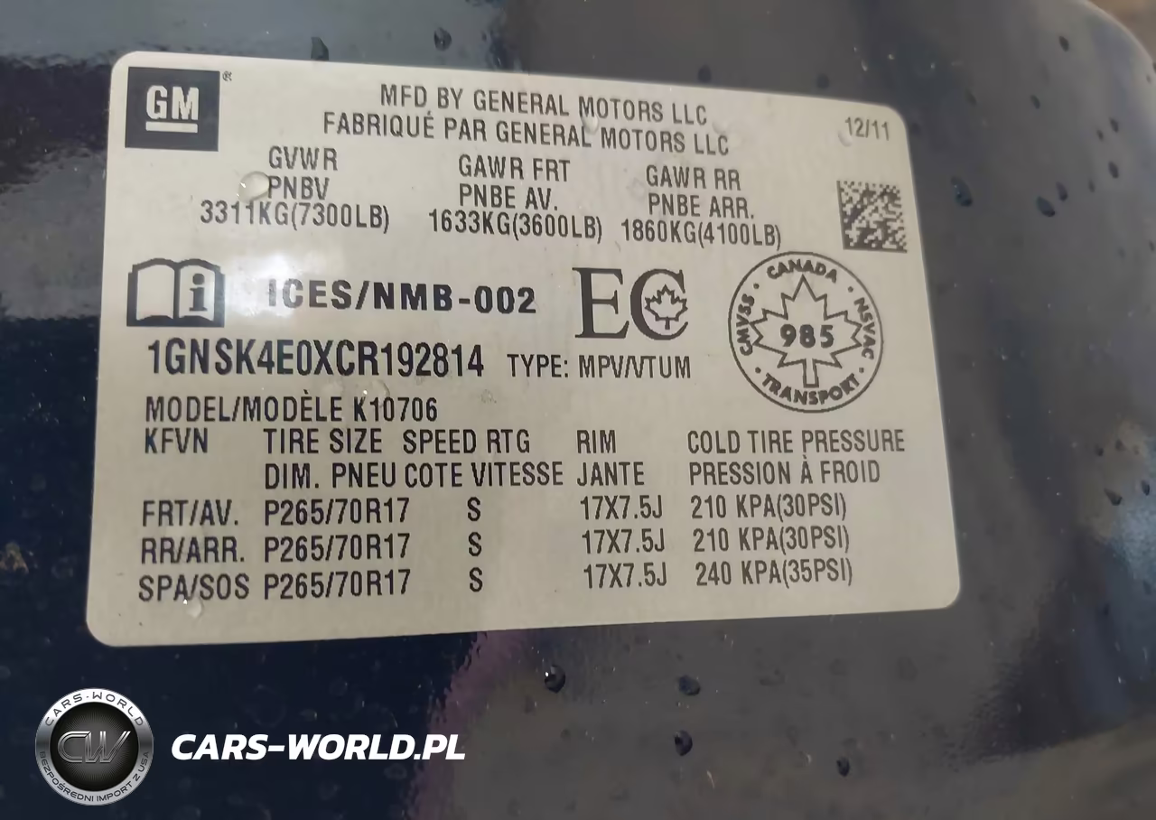 2012 Chevrolet Tahoe Commercial VIN:1GNSK4E0XCR192814 - 9