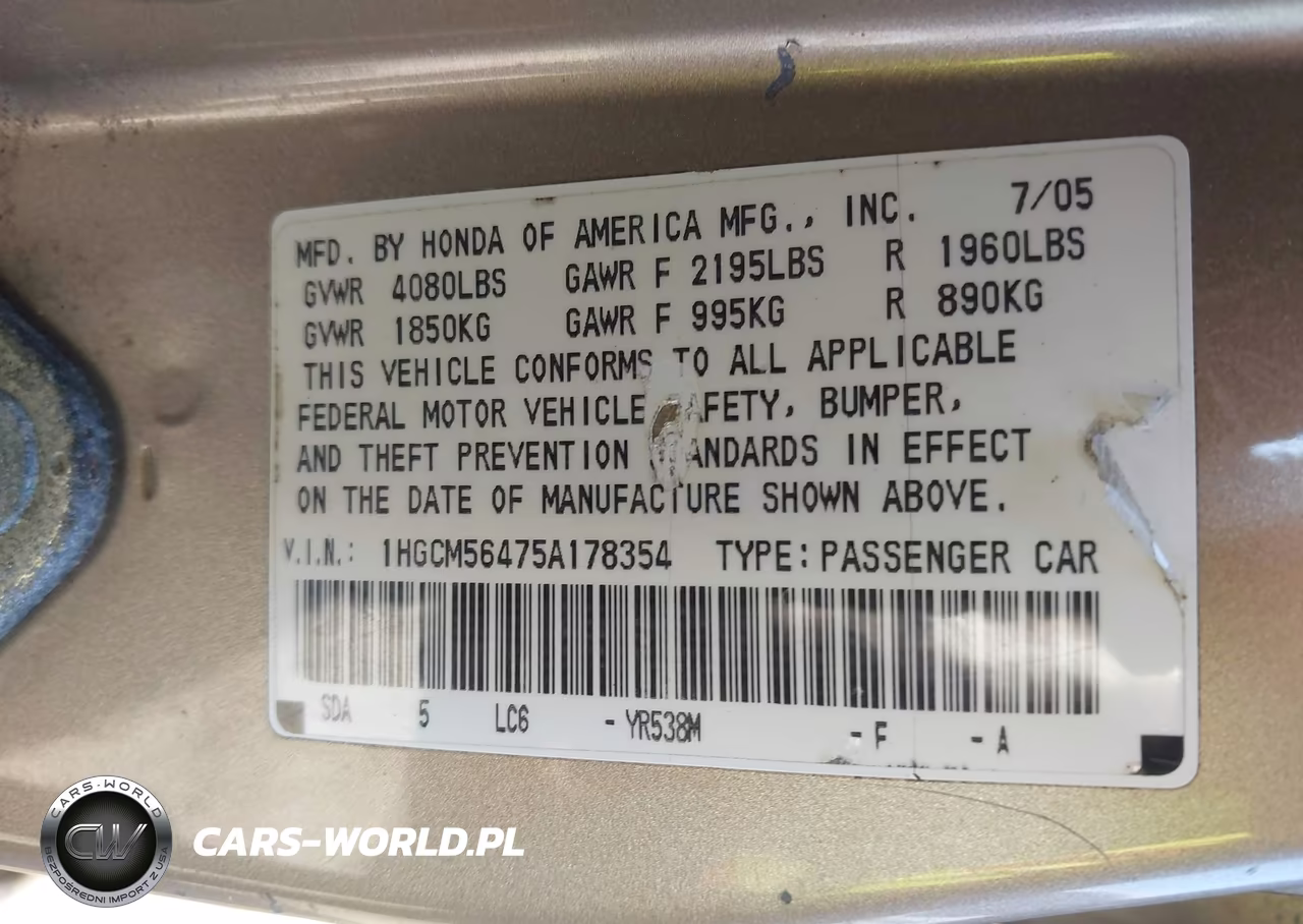2005 Honda Accord 2.4 Lx VIN:1HGCM56475A178354 - 9