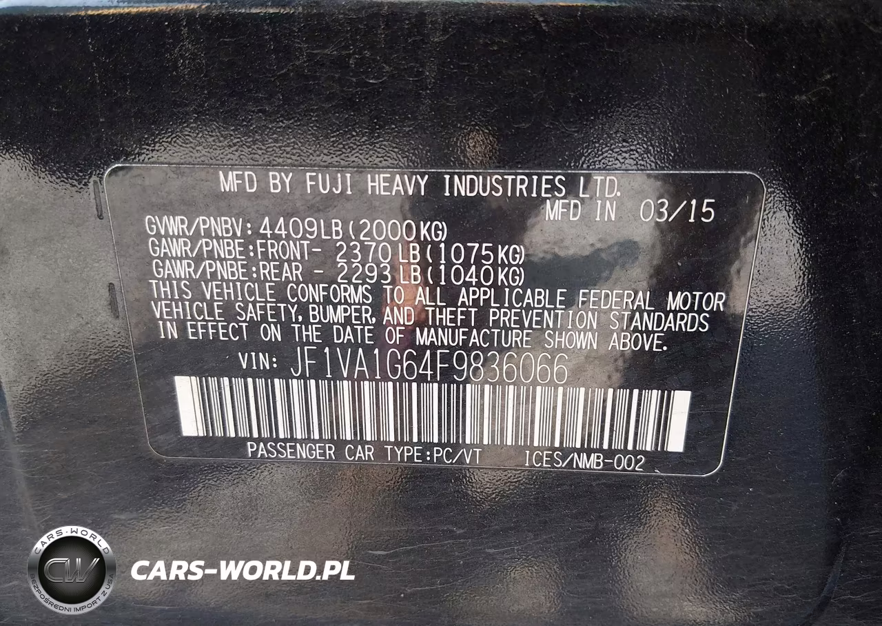 2015 Subaru Wrx Limited VIN:JF1VA1G64F9836066 - 9