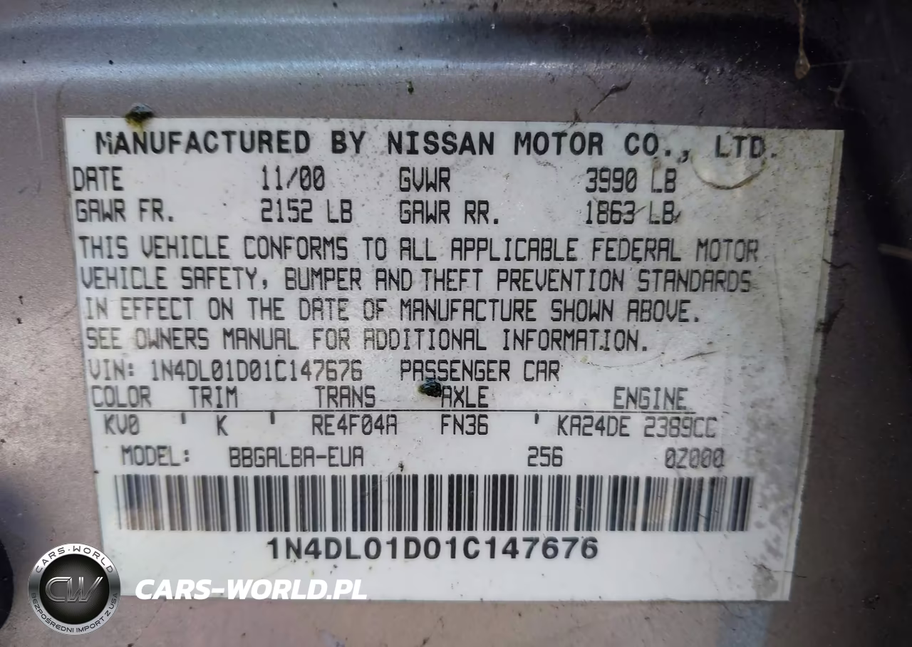 2001 Nissan Altima Gxe VIN:1N4DL01D01C147676 - 9