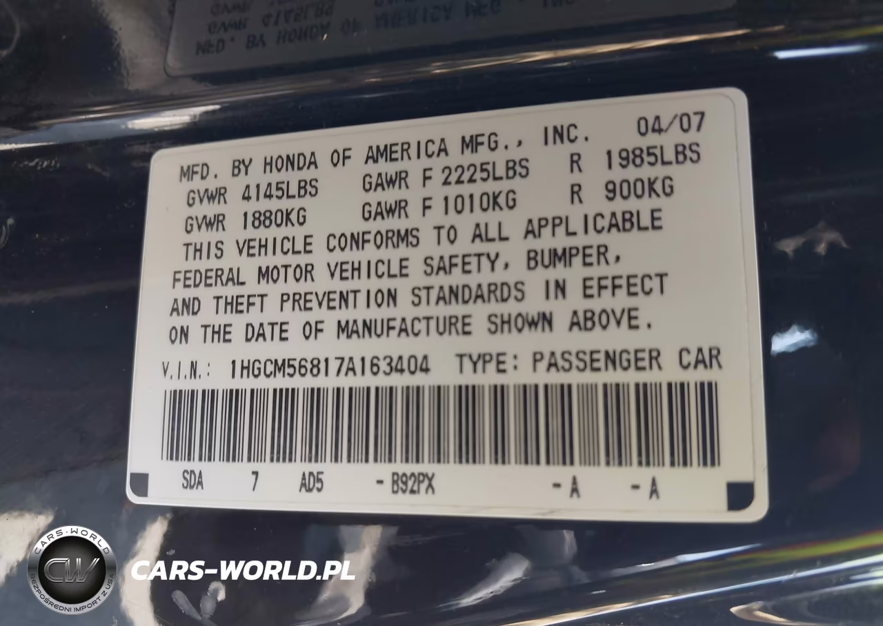2007 Honda Accord 2.4 Ex VIN:1HGCM56817A163404 - 9