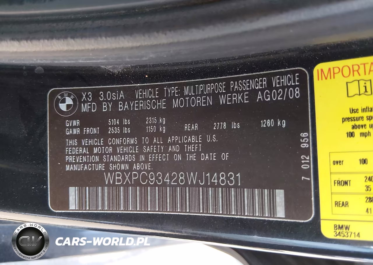 2008 BMW X3 3.0Si VIN:WBXPC93428WJ14831 - 9