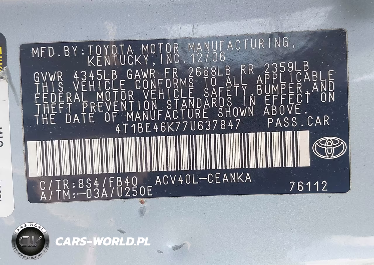 2007 Toyota Camry Le VIN:4T1BE46K77U637847 - 9