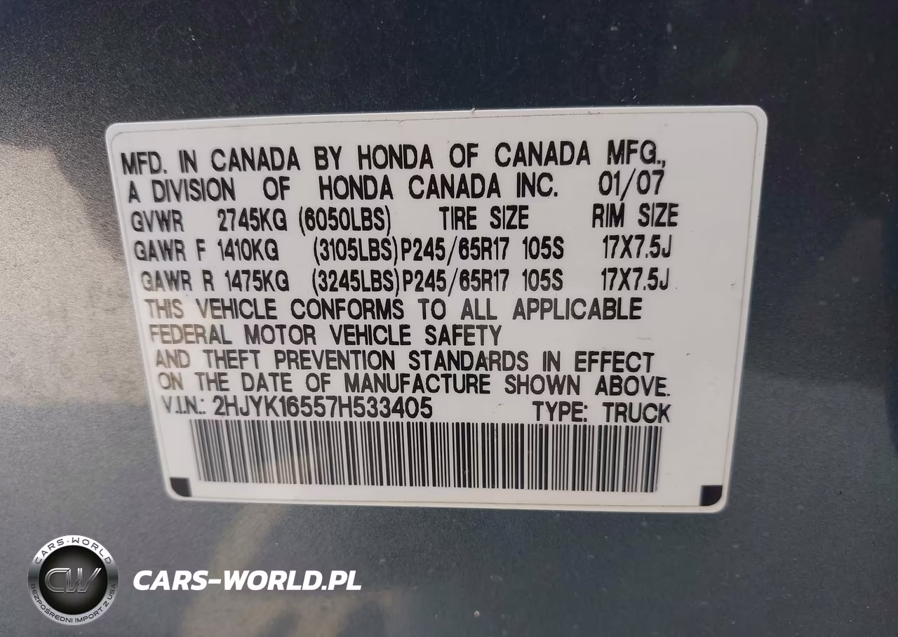2007 Honda Ridgeline Rtl VIN:2HJYK16557H533405 - 9