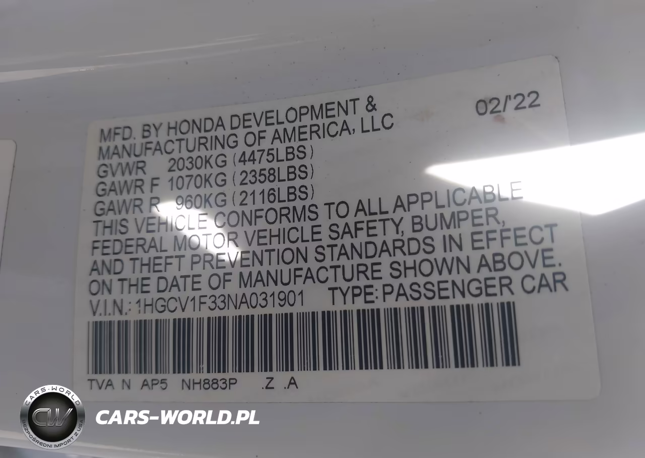 2022 Honda Accord Sport VIN:1HGCV1F33NA031901 - 9