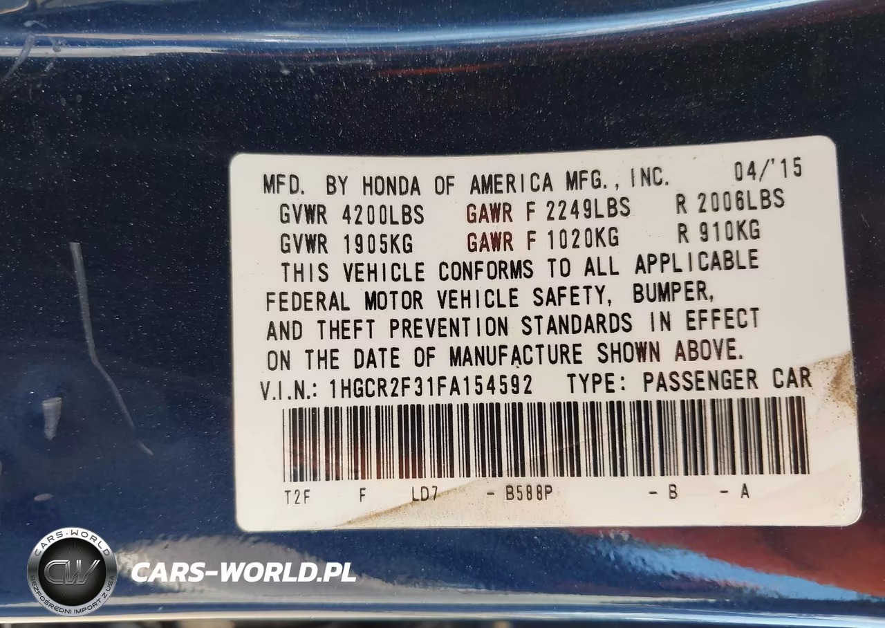 2015 Honda Accord Lx VIN:1HGCR2F31FA154592 - 9