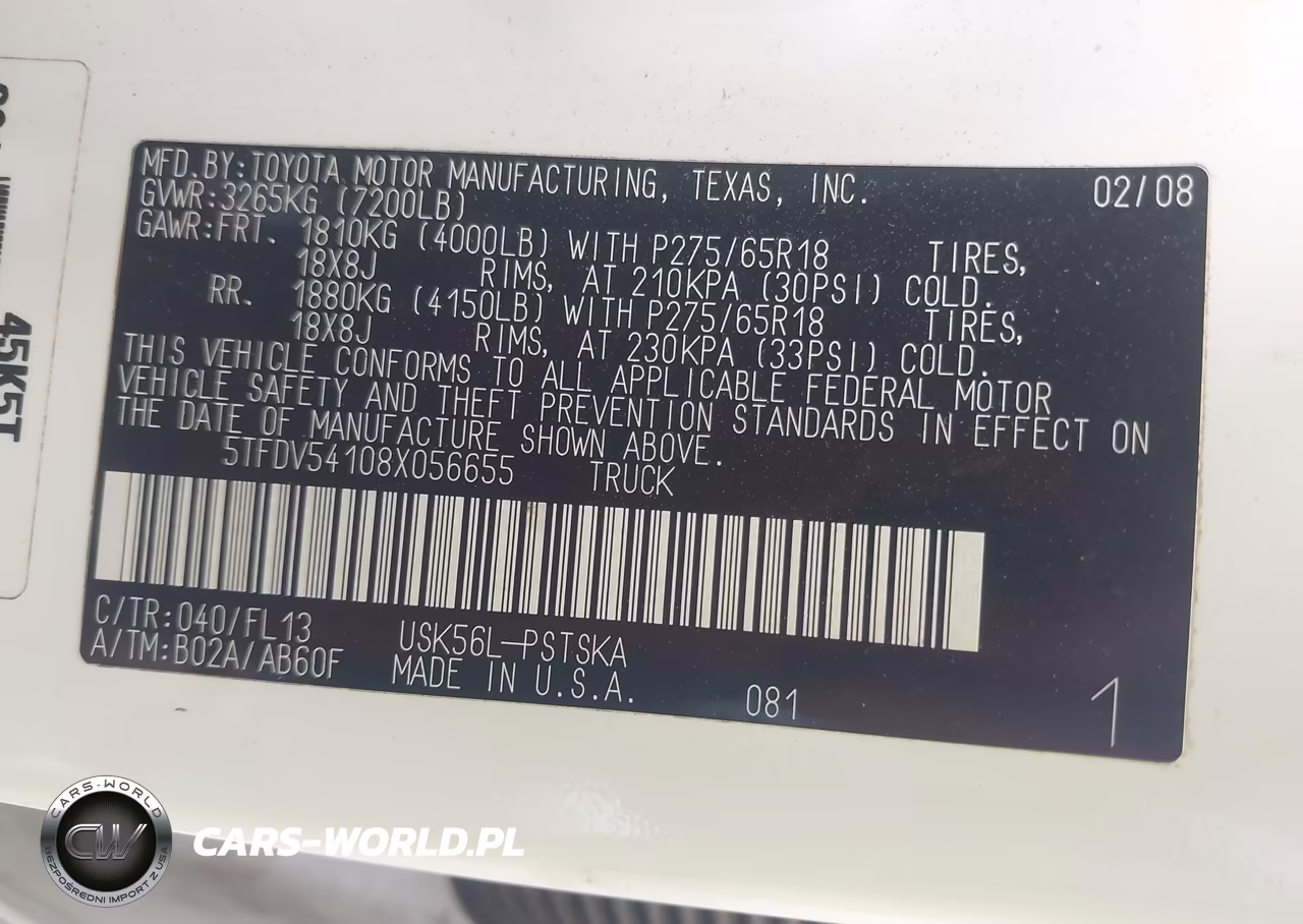 2008 Toyota Tundra Sr5 5.7L V8 VIN:5TFDV54108X056655 - 9