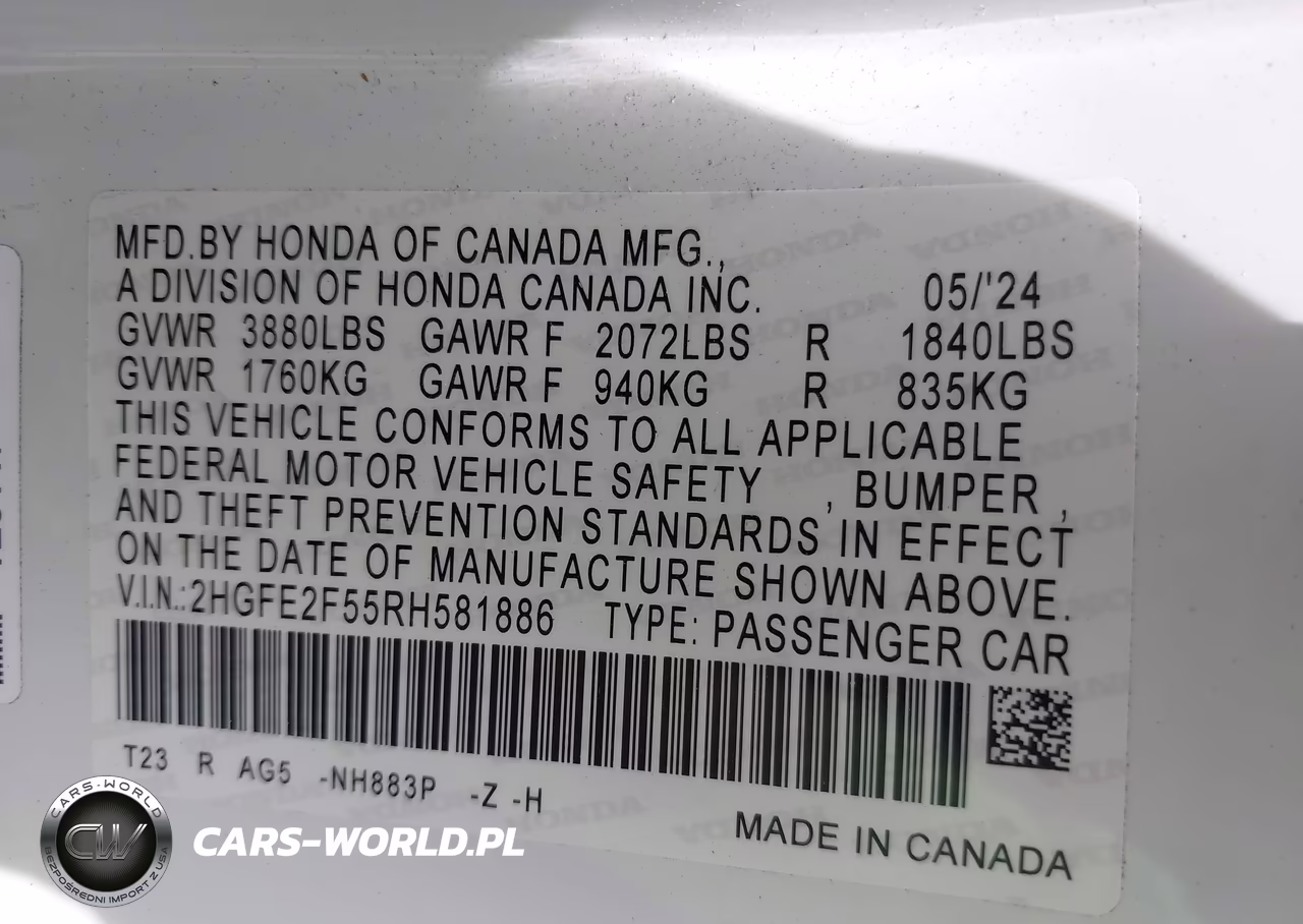 2024 Honda Civic Sport VIN:2HGFE2F55RH581886 - 9