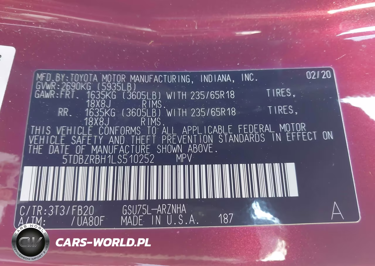 2020 Toyota Highlander Le VIN:5TDBZRBH1LS510252 - 9