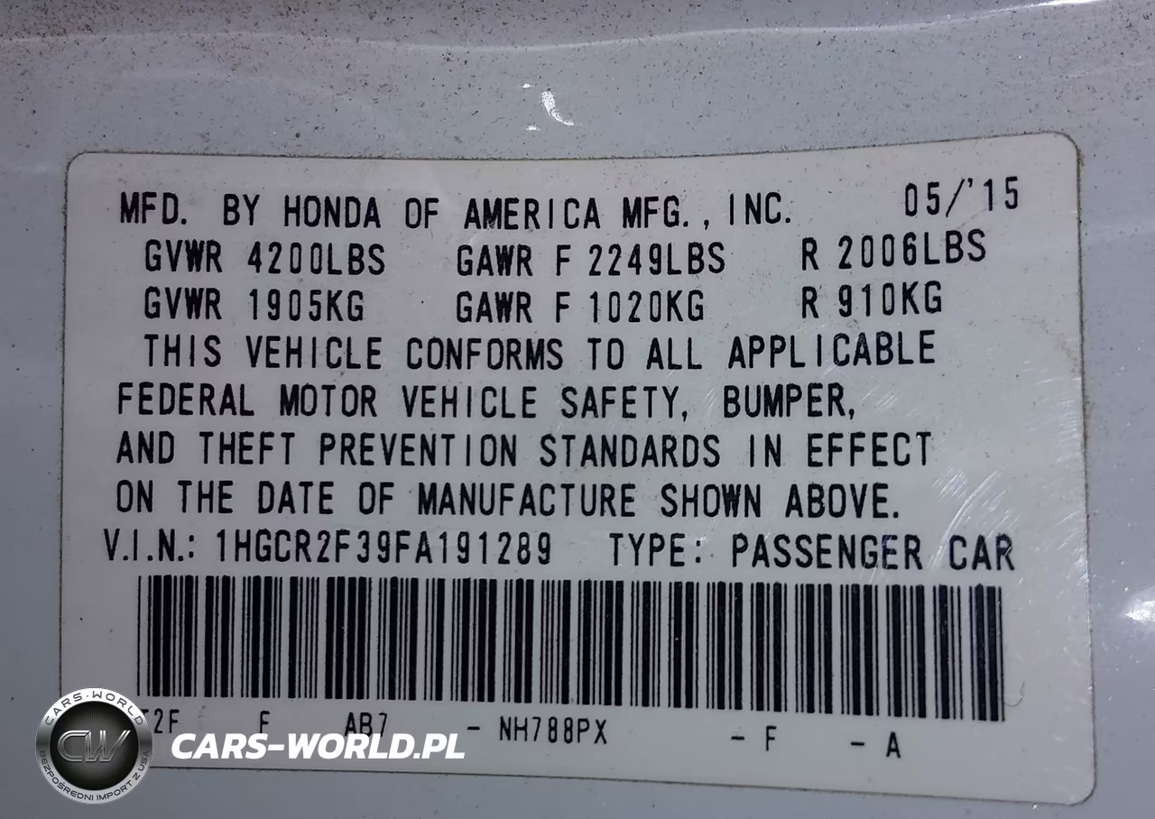 2015 Honda Accord Lx VIN:1HGCR2F39FA191289 - 9