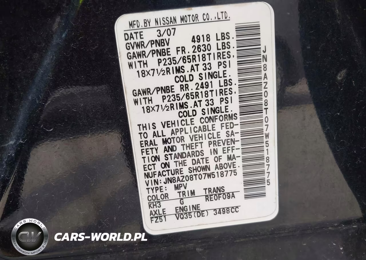 2007 Nissan Murano Sl VIN:JN8AZ08T07W518775 - 9