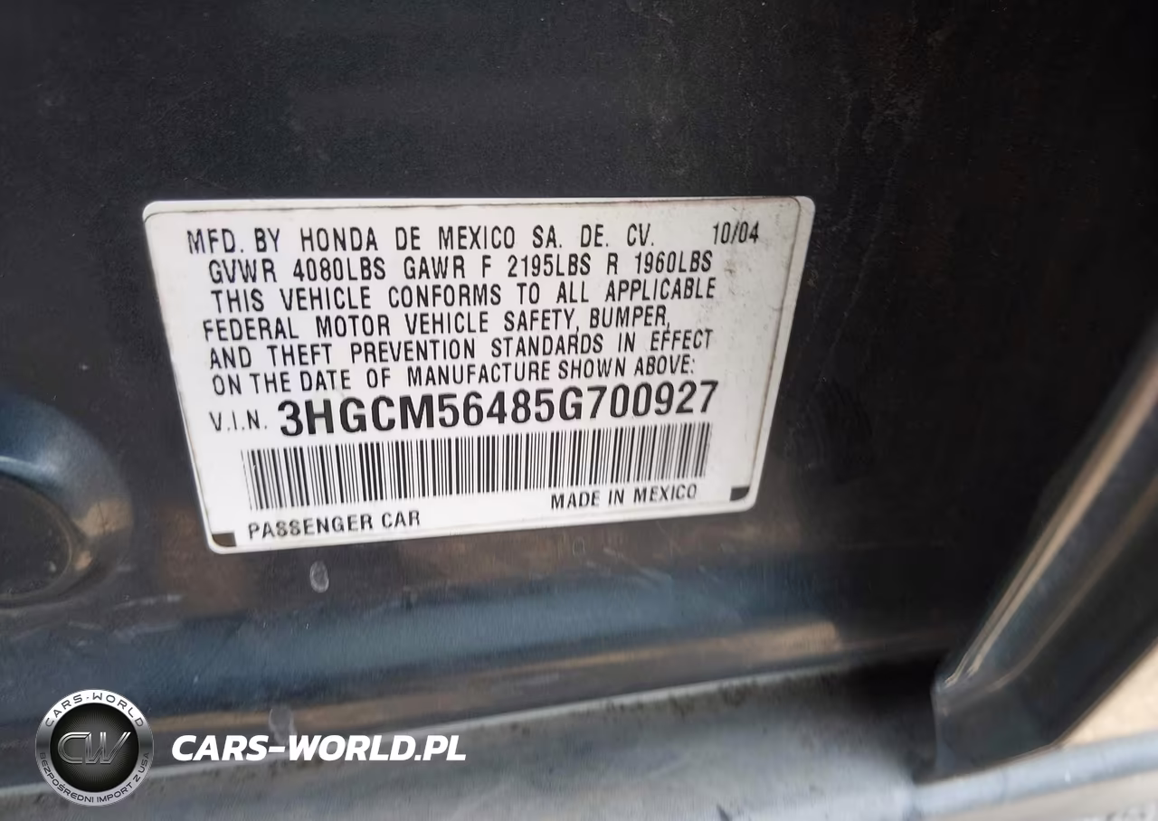 2005 Honda Accord 2.4 Lx VIN:3HGCM56485G700927 - 9