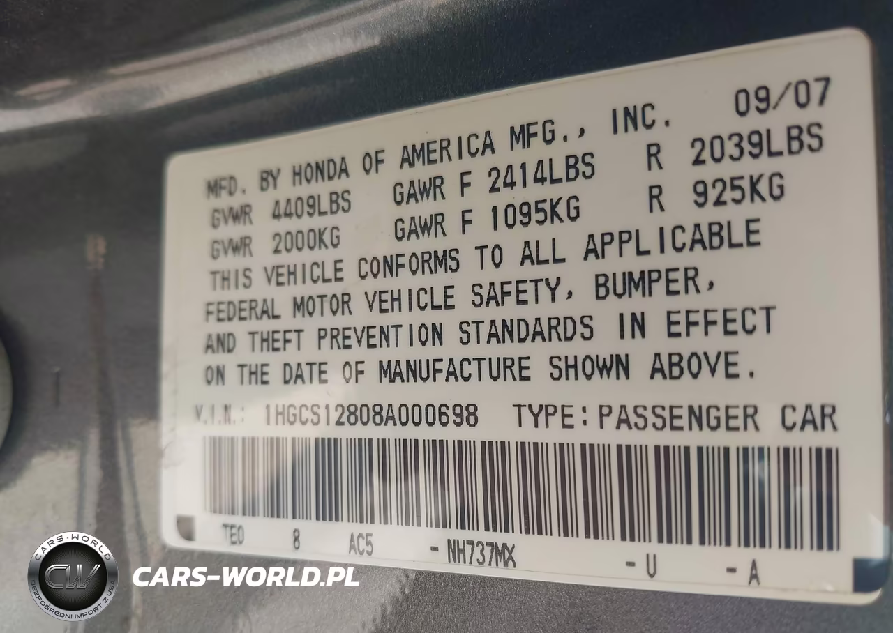 HONDA ACCORD VIN:1HGCS12808A000698 - 9