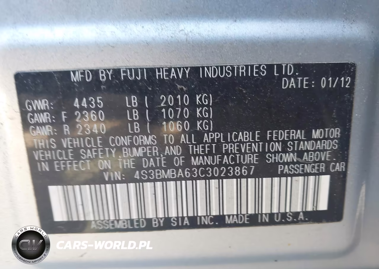 2012 Subaru Legacy 2.5I VIN:4S3BMBA63C3023867 - 9