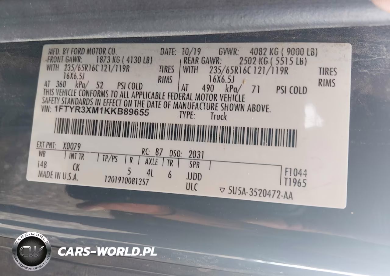 2019 Ford Transit-250 VIN:1FTYR3XM1KKB89655 - 9