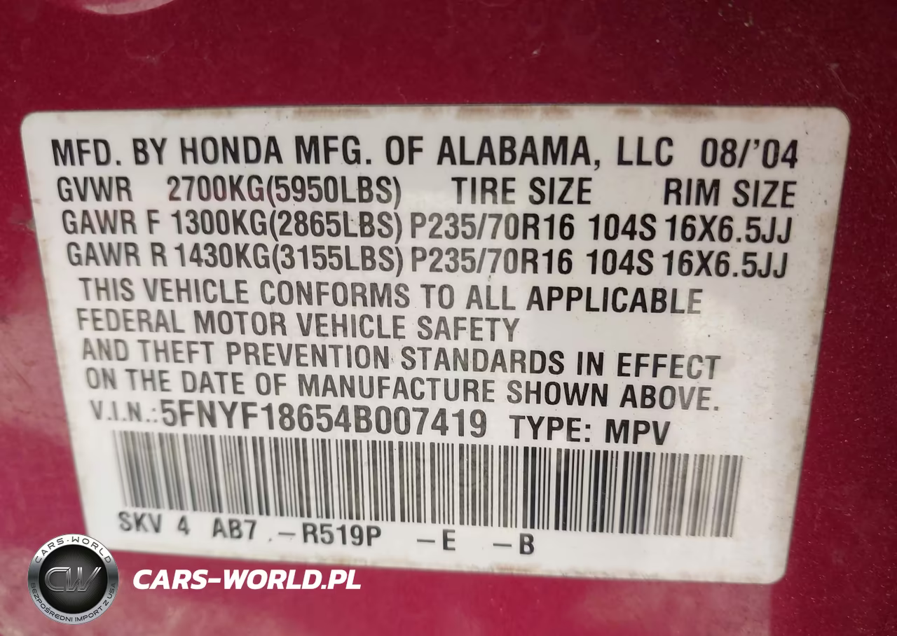 2004 Honda Pilot Ex-L VIN:5FNYF18654B007419 - 9
