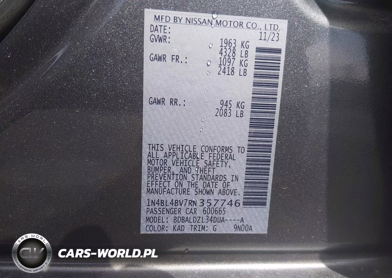 2024 Nissan Altima S Fwd VIN:1N4BL4BV7RN357746 - 9