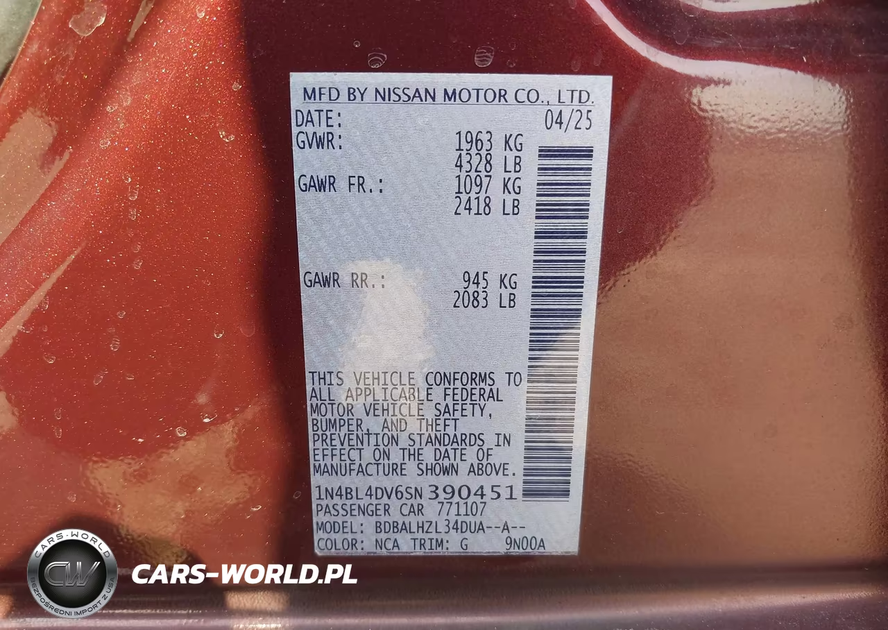 2025 Nissan Altima Sv VIN:1N4BL4DV6SN390451 - 9