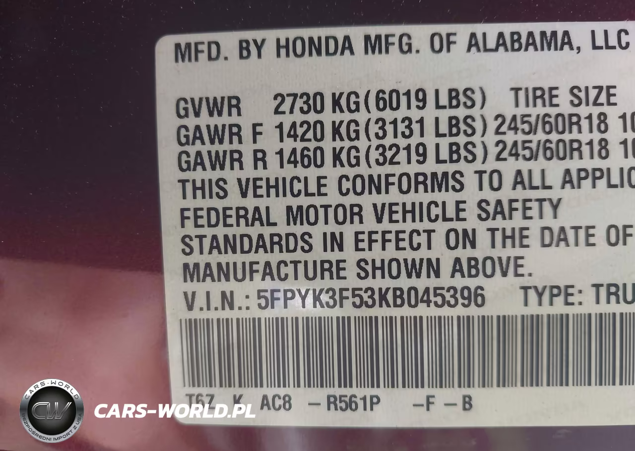 2019 Honda Ridgeline Rtl VIN:5FPYK3F53KB045396 - 9