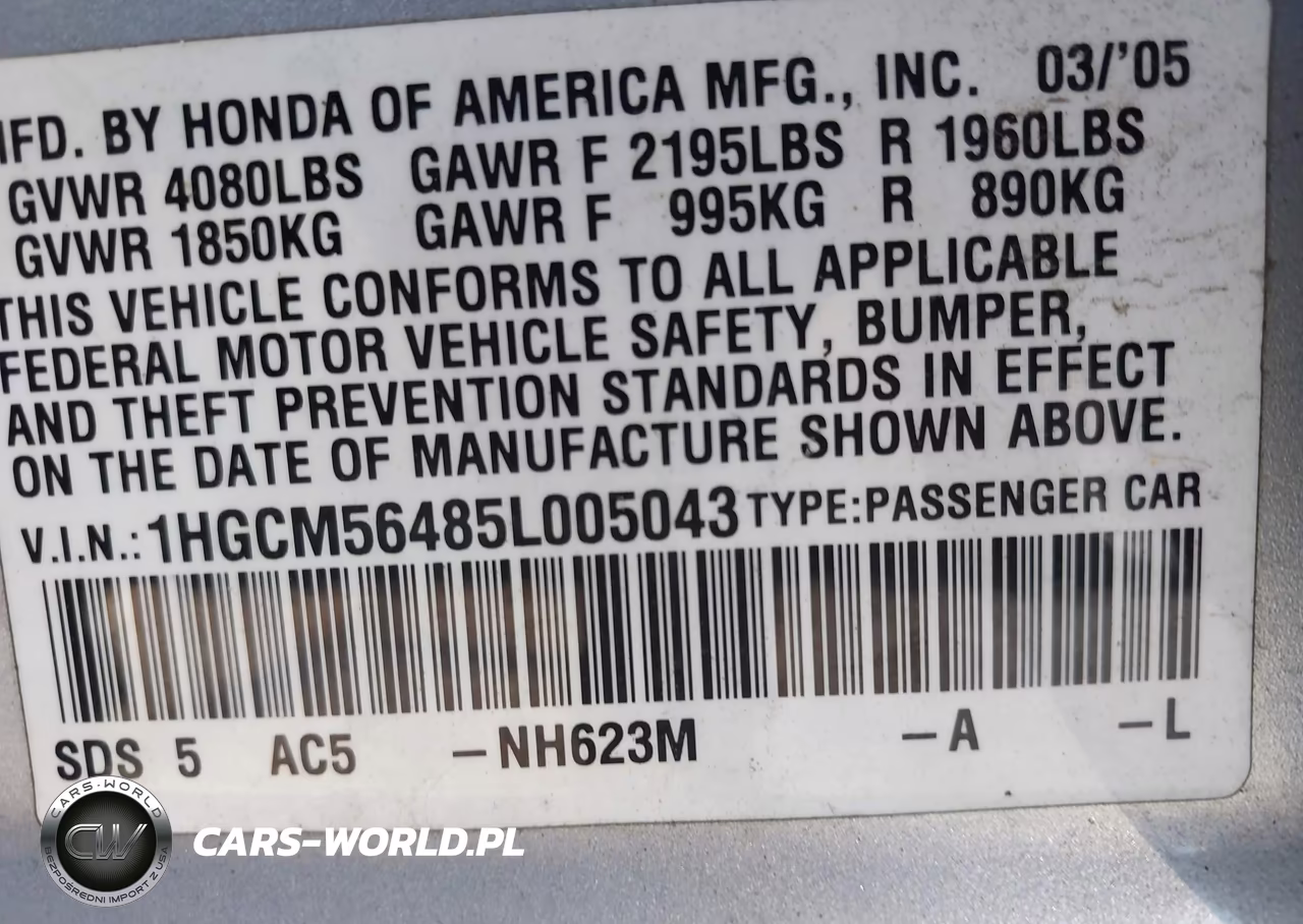 2005 Honda Accord 2.4 Lx VIN:1HGCM56485L005043 - 9