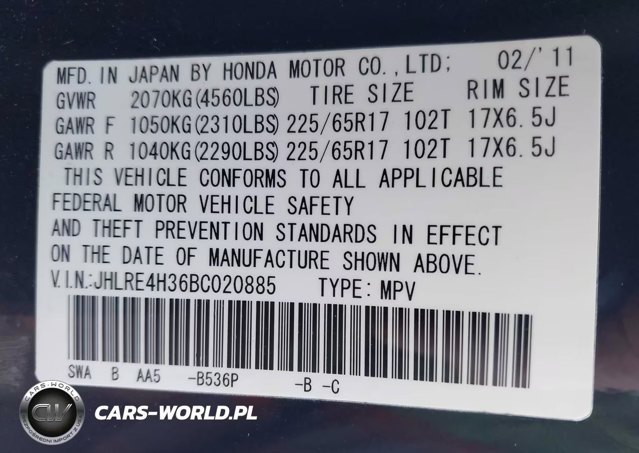 2011 Honda Cr-V Lx VIN:JHLRE4H36BC020885 - 9